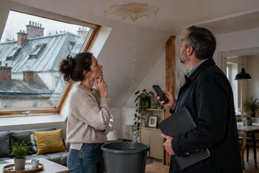 infiltration par une toiture commune : découvrez qui doit déclarer le sinistre, quelles assurances contacter et les démarches à suivre en copropriété.